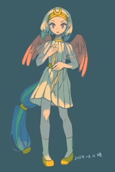 Size: 1402x2105 | Tagged: safe, artist:xinjinjumin641763993311, somnambula, human, g4, egyptian, egyptian headdress, eyeliner, green background, humanized, makeup, simple background, solo, tail, tailed humanization, winged humanization, wings