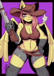 Size: 2480x3508 | Tagged: safe, artist:mrlroach, fluttershy, pegasus, rabbit, anthro, g4, animal, clothes, cowboy hat, female, hat, mare, musket, purple background, shorts, simple background