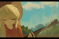 Size: 2000x1314 | Tagged: safe, artist:ecccocco, artist:whatawasteoftime, applejack, human, g4, eyes closed, guitar, humanized, musical instrument, smiling, solo, window