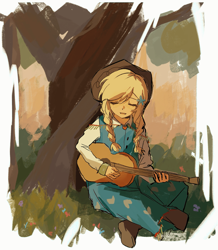 Size: 1397x1601 | Tagged: safe, artist:whatawasteoftime, applejack, human, g4, the big mac question, applejack's country dress, boots, clothes, dress, eyes closed, gown, grass, guitar, humanized, musical instrument, open mouth, shoes, sitting, tree