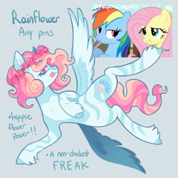 Size: 2000x2000 | Tagged: safe, artist:peeperzcreeperz, oc, oc:rainflower, pegasus, pony, floral head wreath, flower, magical lesbian spawn, nonbinary, offspring, parent:fluttershy, parent:rainbow dash, parents:flutterdash, spread wings, tongue out, unshorn fetlocks, wings