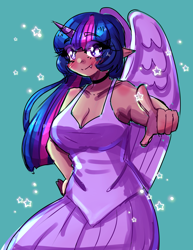 Size: 2550x3300 | Tagged: safe, artist:mylittleyuri, twilight sparkle, human, g4, alicorn humanization, bare shoulders, blue background, blushing, breasts, busty twilight sparkle, clothes, cute, dress, fangs, female, horned humanization, humanized, pointing, simple background, sleeveless, solo, tan skin, twiabetes, winged humanization