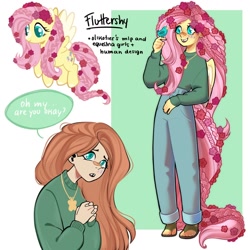 Size: 1440x1440 | Tagged: safe, artist:olikotier, fluttershy, bird, butterfly, human, anthro, g4, bandaid, humanized