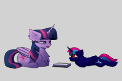 Size: 6000x4000 | Tagged: artist needed, source needed, safe, twilight sparkle, oc, oc:blue thunder, oc:prince thunderbolt, oc:thunderbolt, alicorn, pony, g4, alicorn oc, book, chest fluff, colt, duo, duo male and female, female, foal, horn, lying down, male, parent:oc:blue thunder, parent:twilight sparkle, ponyloaf, prone, reading, simple background, twilight sparkle (alicorn), wings