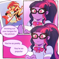 Size: 1440x1440 | Tagged: safe, artist:olikotier, sci-twi, sunset shimmer, twilight sparkle, human, equestria girls, g4, female, lesbian, lyrics, ship:sci-twishimmer, ship:sunsetsparkle, shipping, text