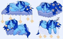 Size: 2840x1786 | Tagged: artist needed, source needed, safe, oc, oc only, oc:blue thunder, alicorn, bed, blanket, cloud, on a cloud, onomatopoeia, pillow, sleeping, sleeping on a cloud, solo, sound effects, zzz