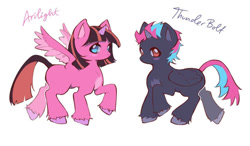 Size: 1280x746 | Tagged: artist needed, source needed, safe, oc, oc:arilight, oc:thunderbolt, alicorn, pony, colt, duo, duo male and female, female, filly, foal, male, offspring, parent:oc:blue thunder, parent:twilight sparkle, parents:canon x oc, simple background, white background