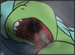 Size: 4840x3560 | Tagged: safe, artist:macromousie, oc, oc only, oc:light touch, oc:verlo streams, commission, drainpipe throat, macro/micro, mawshot, micro, open mouth, sharp teeth, sleepy, teeth, vore, ych result