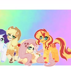 Size: 1440x1560 | Tagged: safe, artist:olikotier, part of a set, applejack, fluttershy, rarity, sunset shimmer, g4, gradient background