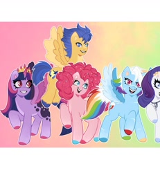 Size: 1440x1560 | Tagged: safe, artist:olikotier, part of a set, flash sentry, pinkie pie, rainbow dash, rarity, twilight sparkle, alicorn, g4, gradient background, twilight sparkle (alicorn)