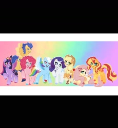 Size: 1440x1564 | Tagged: safe, artist:olikotier, angel bunny, applejack, flash sentry, fluttershy, pinkie pie, rainbow dash, rarity, sunset shimmer, twilight sparkle, alicorn, rabbit, g4, alternate mane seven, animal, female, gradient background, letterboxing, male, mane six, mare, new crown, rainbow background, stallion, twilight sparkle (alicorn)