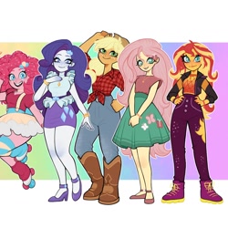 Size: 1440x1440 | Tagged: safe, artist:olikotier, part of a set, applejack, fluttershy, pinkie pie, rarity, sunset shimmer, human, equestria girls, g4, gradient background