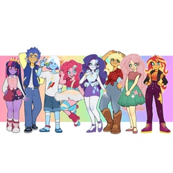 Size: 1440x1440 | Tagged: safe, artist:olikotier, applejack, flash sentry, fluttershy, pinkie pie, rainbow dash, rarity, sunset shimmer, twilight sparkle, human, equestria girls, g4, alternate hairstyle, clothes, converse, female, gradient background, humane five, humane seven, humane six, male, redesign, shoes, socks, striped socks