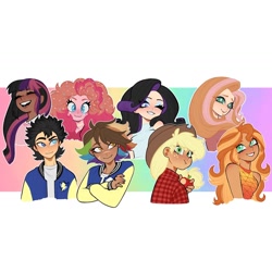 Size: 1440x1440 | Tagged: safe, artist:olikotier, applejack, flash sentry, fluttershy, pinkie pie, rainbow dash, rarity, sunset shimmer, twilight sparkle, human, g4, female, gradient background, human female, humanized, mane six