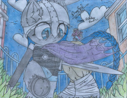 Size: 2192x1700 | Tagged: safe, artist:fliegerfausttop47, oc, oc only, oc:dark, unnamed oc, bat pony, armor, bandage, bat pony oc, braid, braided tail, building, clothes, cloud, fence, gift art, helmet, horseshoes, maille, pants, pencil drawing, scabbard, spangenhelm, sword, tail, traditional art, vampire oc, weapon, window