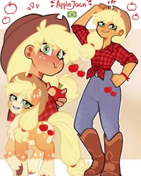 Size: 1440x1800 | Tagged: safe, artist:olikotier, applejack, earth pony, human, pony, g4, apple, boots, brazil, cowboy hat, eating, female, flag, food, hat, human female, humanized, looking at you, looking back, looking back at you, mare, shoes, smiling