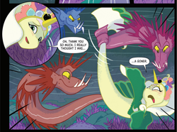 Size: 1680x1253 | Tagged: safe, artist:amy mebberson, idw, official comic, queen calla lily, seapony (g4), g5, my little pony: set your sail, set your sail #5, spoiler:comic, spoiler:g5comic, bubble, coral, crown, dorsal fin, female, fin, fin wings, fins, fish tail, flowing mane, flowing tail, horn, jewelry, male, mare, ocean, open mouth, reef, regalia, scales, sea pony (g5), seaweed, swimming, tail, underwater, unnamed character, unnamed seapony, water, wings