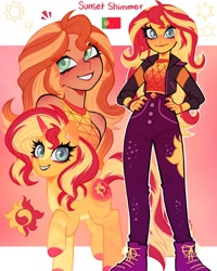 Size: 1440x1800 | Tagged: safe, artist:olikotier, sunset shimmer, human, pony, unicorn, equestria girls, g4, clothes, colored hooves, colored pupils, cutie mark on clothes, female, flag, hand on hip, hooves, horn, human ponidox, jacket, looking at you, mare, portugal, self paradox, self ponidox, smiling, solo, trash