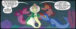 Size: 1586x624 | Tagged: safe, artist:amy mebberson, idw, official comic, queen calla lily, seapony (g4), siren, g5, my little pony: set your sail, set your sail #5, spoiler:comic, spoiler:g5comic, coral, crown, dorsal fin, female, fin, fin wings, fins, fish tail, flowing mane, flowing tail, horn, jewelry, mare, ocean, reef, regalia, scales, sea pony (g5), seaweed, swimming, tail, underwater, unnamed character, unnamed seapony, water, wings