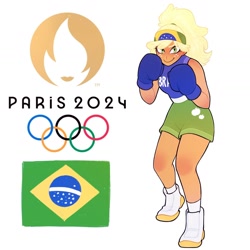 Size: 1440x1440 | Tagged: safe, artist:olikotier, applejack, human, equestria girls, g4, boxing gloves, boxing shoes, boxing shorts, brazil, clothes, female, hairband, hatless, headband, missing accessory, olympics, paris 2024, shoes, shorts, smiling, smirk, socks, solo, tank top