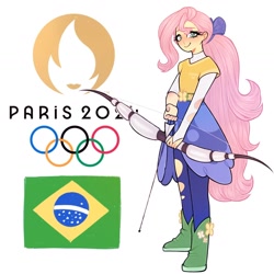 Size: 1440x1440 | Tagged: safe, artist:olikotier, fluttershy, human, equestria girls, g4, archery, arrow, bow (weapon), bow and arrow, brazil, female, paris 2024, solo, weapon