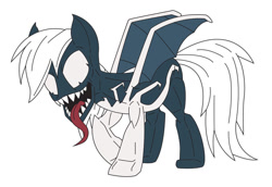 Size: 1079x741 | Tagged: safe, artist:dead82, rainbow dash, alien, pegasus, pony, g4, antagonist, crossover, digital art, female, long tongue, looking at you, mare, marvel, sharp teeth, simple background, solo, spider-man, symbiote, tail, teeth, tongue out, venom, white background, white mane, white tail