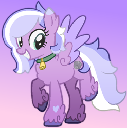 Size: 1154x1170 | Tagged: safe, artist:mimiqq, oc, oc only, oc:satin showers, pegasus, g4, base used, bell, bell collar, chest fluff, collar, cowbell, ear fluff, feathered fetlocks, female, gradient background, grin, happy, heart, heart mark, mare, pegasus oc, raised hoof, smiling, solo, spread wings, tail, tail fluff, unshorn fetlocks, wings