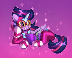 Size: 5079x4134 | Tagged: safe, artist:sugarstar, twilight sparkle, alicorn, pony, g4, abstract background, gradient background, horn, lying down, masked matter-horn costume, power ponies, reading, solo, sparkles, twilight sparkle (alicorn), wings