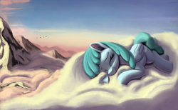 Size: 3547x2188 | Tagged: safe, artist:maretian, spring melody, sprinkle medley, pegasus, pony, g4, cloud, eyes closed, female, folded wings, high res, mare, mountain, ponerpics import, scenery, sleeping, smiling, solo, wings