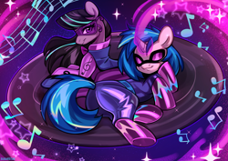 Size: 5008x3555 | Tagged: safe, artist:sugarstar, dj pon-3, octavia melody, vinyl scratch, earth pony, pony, unicorn, g4, duo, duo female, female, horn, implied tail hole, magic, music notes, power ponies, sparkles, superhero, superhero costume, tail