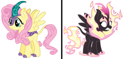 Size: 497x236 | Tagged: safe, gameloft, fluttershy, kirin, pegasus, pony, g4, cloven hooves, gameloft interpretation, kirin-ified, nirik-ified, simple background, species swap, vector, white background