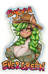 Size: 1966x2988 | Tagged: safe, artist:paintedcora, oc, oc only, oc:sylvia evergreen, pegasus, anthro, big breasts, bonerblockingbadge, braid, breasts, busty oc, cleavage, female, hat, huge breasts, one eye closed, park ranger, solo, traditional art