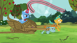 Size: 1920x1080 | Tagged: safe, screencap, snails, snips, trixie, pony, unicorn, g4, magic duel, season 3, abuse, alicorn amulet, amulet, apple, apple tree, bucktooth, bullwhip, chariot, child abuse, colt, eyes closed, female, foal, glowing, glowing horn, harness, horn, jewelry, magic, magic abuse, magic aura, male, mare, pulling, slavery, snailsabuse, snipsabuse, straining, tack, telekinesis, tree, trio, trixie's fans, trixie's slaves, wheels trixie, whip, whipping