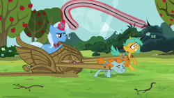 Size: 1920x1080 | Tagged: safe, edit, edited screencap, editor:smudge proof, screencap, snails, snips, trixie, pony, unicorn, g4, magic duel, season 3, abuse, alicorn amulet, amulet, apple, apple tree, bucktooth, bullwhip, chariot, child abuse, eyes closed, female, filly, foal, glowing, glowing horn, harness, horn, jewelry, magic, magic abuse, magic aura, male, pulling, rule 63, slavery, snailsabuse, snipsabuse, spice, stallion, straining, sugar, tack, telekinesis, tree, trio, tristan, trixie's fans, trixie's slaves, wheels trixie, whip, whipping