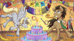 Size: 1920x1080 | Tagged: safe, artist:hetemsenar, derpy hooves, doctor whooves, time turner, earth pony, pegasus, pony, g4, banana, banner, cake, candle, cane, celery, clothes, coat, collar, doctor who, female, food, fourth doctor's scarf, hat, male, mare, necktie, party horn, reference, scarf, sonic screwdriver, stallion, striped scarf, umbrella, watch, whistle