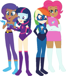 Size: 515x587 | Tagged: safe, artist:sturk-fontaine, pinkie pie, rainbow dash, rarity, twilight sparkle, human, equestria girls, g4, base used, group, human coloration, simple background, superhero, white background