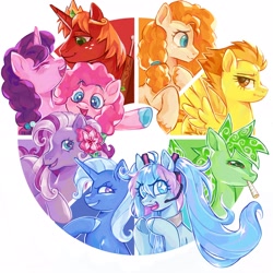 Size: 2048x2048 | Tagged: safe, artist:peeperzcreeperz, big macintosh, pear butter, pinkie pie, spitfire, sugar belle, trixie, wysteria, alicorn, pony, g3, g4, alicornified, anime, color wheel challenge, drugs, hatsune miku, marijuana, princess big mac, race swap, vocaloid