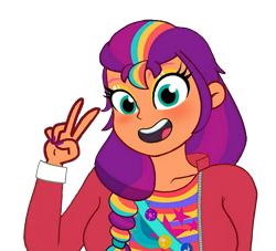 Size: 1581x1436 | Tagged: safe, artist:skystarcute64, sunny starscout, human, equestria girls, g4, g5, my little pony: tell your tale, big breasts, breasts, bust, busty sunny starscout, collarbone, equestria girls-ified, eyeshadow, female, makeup, mane stripe sunny, painted nails, peace sign, simple background, smiling, solo, transparent background