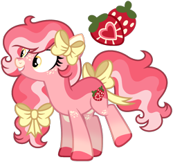 Size: 1444x1353 | Tagged: safe, artist:strawberry-spritz, oc, oc only, oc:strawberry ribbon, earth pony, pony, g4, base used, bow, coat markings, colored hooves, colored pinnae, commission, earth pony oc, eyelashes, facial markings, female, female oc, freckles, gradient legs, hair accessory, hair bow, hooves, leg freckles, mane accessory, mare, mare oc, oc redesign, pink coat, pink hooves, pink mane, pink tail, raised leg, redesign, show accurate, simple background, smiling, snip (coat marking), solo, standing on three hooves, tail, tail accessory, tail bow, three quarter view, three toned mane, three toned tail, transparent background, wavy mane, wavy tail, yellow bow, yellow eyes