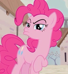 Size: 736x799 | Tagged: safe, screencap, pinkie pie, earth pony, pony, g4, season 5, the cutie map, blue eyes, cropped, female, looking at you, mare, pink body, pink coat, pink fur, pink hair, pink mane, pink pony, pink tail, pinkie pie is not amused, poofy hair, poofy mane, poofy tail, pouting, raised hoof, solo, tail, unamused