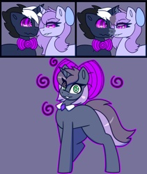 Size: 4403x5210 | Tagged: safe, artist:askhypnoswirl, oc, oc only, oc:hypno swirl, oc:swirly daze, unicorn, bow, bowtie, commission, duo, duo male and female, female, fusion, hair bow, horn, hypno eyes, hypnosis, hypnotized, male, necktie, unicorn oc