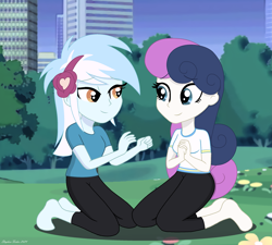 Size: 2931x2638 | Tagged: safe, artist:stephen-fisher, bon bon, lyra heartstrings, sweetie drops, human, equestria girls, g4, city, duo, duo female, female, lesbian, park, ship:lyrabon, shipping