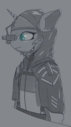 Size: 489x871 | Tagged: safe, artist:altus, oc, oc:altus bastion, unicorn, bipedal, cloak, cloaked, clothes, crossover, escape from tarkov, female, helmet, horn, jumpsuit, military uniform, monochrome, simple shading, sketch, smiling, tactical, tactical vest, tarkov, unicorn oc, uniform