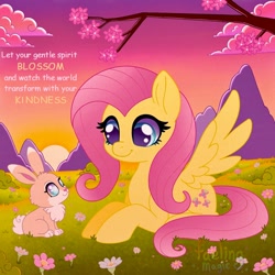 Size: 1500x1500 | Tagged: safe, artist:faelingmagic, fluttershy, pegasus, pony, rabbit, g4, animal, female, mare, solo, tree branch