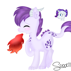 Size: 1024x1024 | Tagged: safe, artist:scoot11, rarity, oc, oc:angie, dracony, hybrid, pony, unicorn, g4, duo, eyes closed, female, filly, fire, fire breath, foal, horn, interspecies offspring, mare, mother and child, mother and daughter, offspring, parent:rarity, parent:spike, parents:sparity, remake, simple background, transparent background