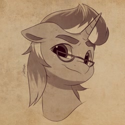 Size: 2048x2048 | Tagged: safe, artist:haruh_ink, oc, oc only, oc:macchiato, unicorn, bust, doodle, glasses, horn, looking at you, monochrome, patreon, patreon reward, smiling, solo