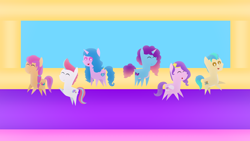 Size: 1920x1080 | Tagged: safe, artist:carrotorangelight, hitch trailblazer, izzy moonbow, misty brightdawn, pipp petals, sunny starscout, zipp storm, earth pony, pegasus, pony, unicorn, g5, bouncing, bouncy castle, female, horn, male, mane five, mane six (g5), pointy ponies