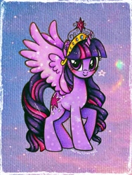 Size: 2250x3000 | Tagged: safe, artist:dariarchangel, twilight sparkle, alicorn, pony, g4, alternate hairstyle, bangs, big crown thingy, big eyes, blushing, crown, cute, element of magic, female, glittery cutie mark, horn, jewelry, long hair, long mane, long tail, mare, purple coat, purple eyes, raised hoof, regalia, smiling, solo, sparkles, spread wings, standing, standing on three hooves, starry wings, stars, tail, three toned hair, three toned mane, three toned tail, toy interpretation, traditional art, twiabetes, twilight sparkle (alicorn), unicorn horn, wings