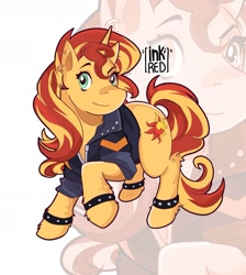 Size: 2149x2397 | Tagged: safe, artist:inkrred, sunset shimmer, pony, unicorn, g4, clothes, female, high res, horn, jacket, leather, leather jacket, looking at you, mare, signature, simple background, smiling, smiling at you, solo, standing on two hooves, studded bracelet, studded wristband, white background, zoom layer