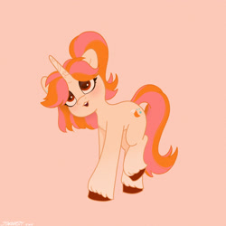 Size: 2480x2480 | Tagged: safe, artist:starburstuwu, oc, oc only, oc:belka, pony, unicorn, blushing, female, gradient legs, high res, horn, mare, open mouth, open smile, pink background, simple background, smiling, solo, unshorn fetlocks